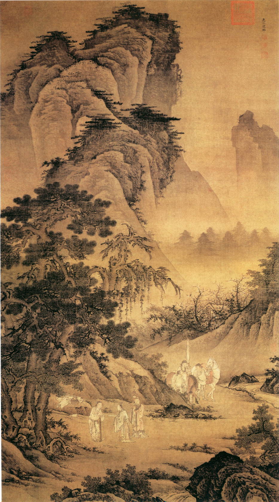時代 日本画 古画 馬引武人 絹本 肉筆 在銘 - 絵画