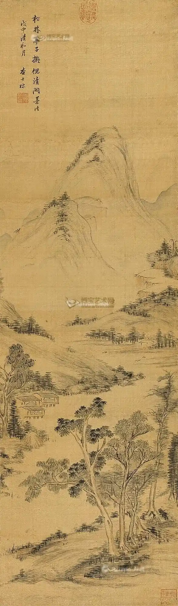 寒林秋江图 立轴 设色绢本