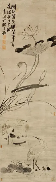 荷塘双鹭 立轴 水墨绫本