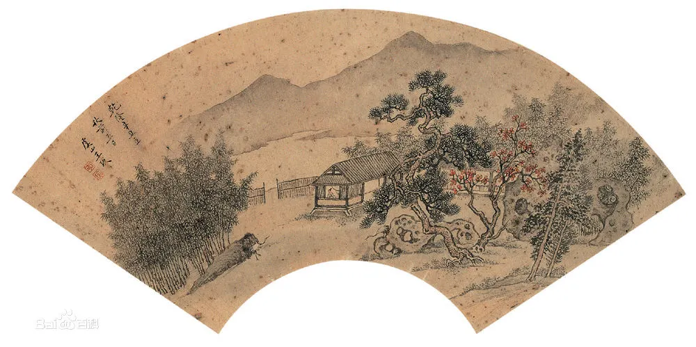 松石鹤扇面