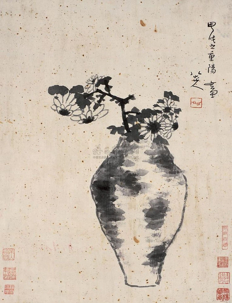 中国古美術・四尺蓮花掛軸・水墨画・八大山人印款・書道品・茶道
