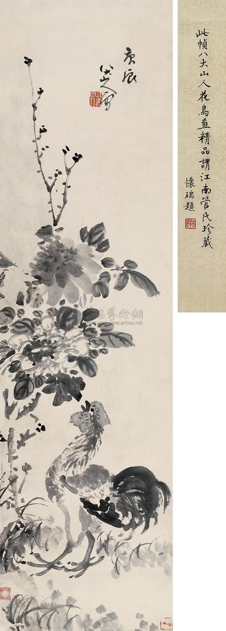 八大山人 1700年作 鸣鸡图 立轴 135×34cm