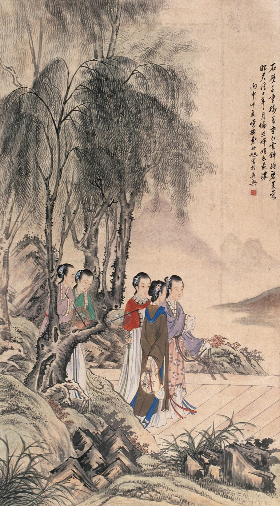 中国絵画　名家　費丹旭　肉筆保証　人物画 － 清代仕女図 掛け軸　2点 中国絵画 名家 費丹旭 肉筆保証 人物画 － 清代仕女図 掛け軸 2