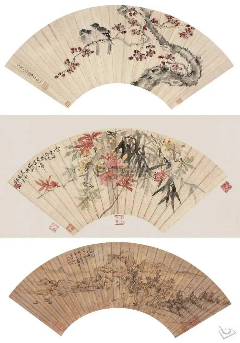 吴滔 汤贻汾 谈月色 山水 花卉(三件) 扇面