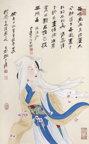 中国美術・純手描き人物画凌波捉月掛軸・国画・張大千印款・宣紙・賞物・肉筆・茶道具 中国美術・純手描き人物画凌波捉月掛軸・国画・張大千印款・宣紙・