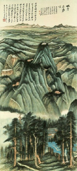 中国美術・純手描き三尺山水画芯・水墨画・張大千印款・肉筆